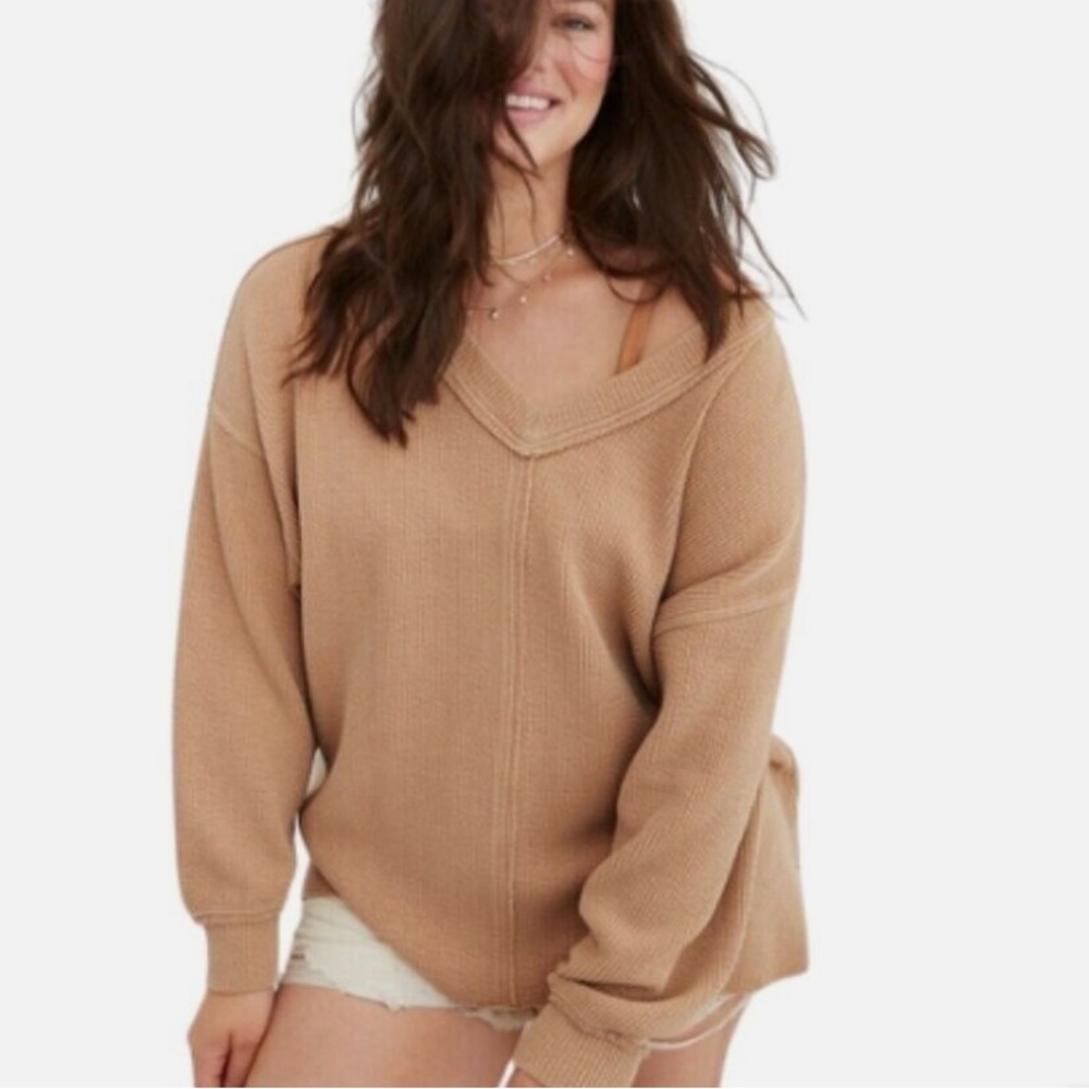 aerie V-Neck Oversized Sweater in Camel Tan